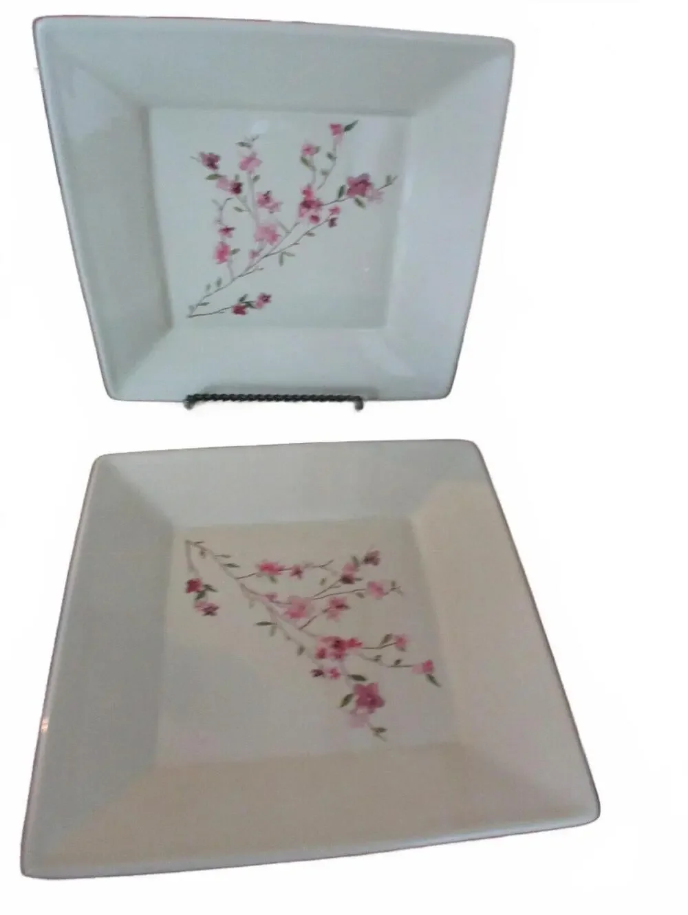 Pottery Barn Blossom Square Dinner Plates Pink Plum Flower Ceramic Set of 2